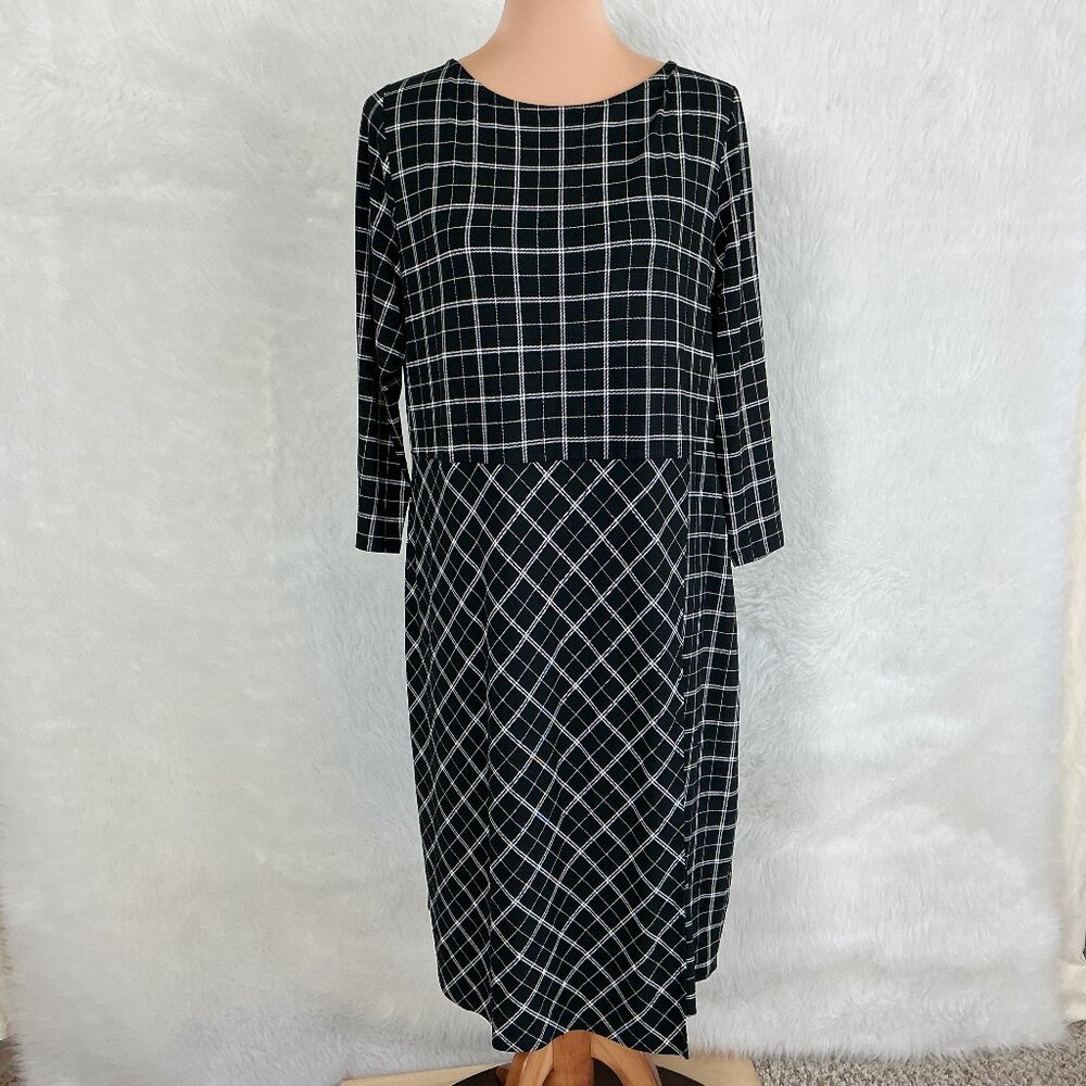 J. Jill Wearever Black Ivory Check 3/4 Sleeve Faux Wrap Sheath Dress NWT L